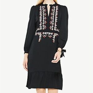 Ann Taylor Black Long Sleeve Boho Dress with Embroidery